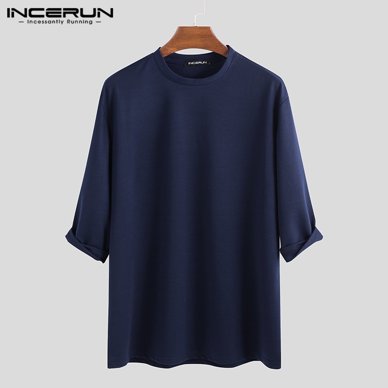 Heren Casual T-Shirt - Katoen 3/4 Mouw Ronde Hals Wijde Streetwear: Marine / S