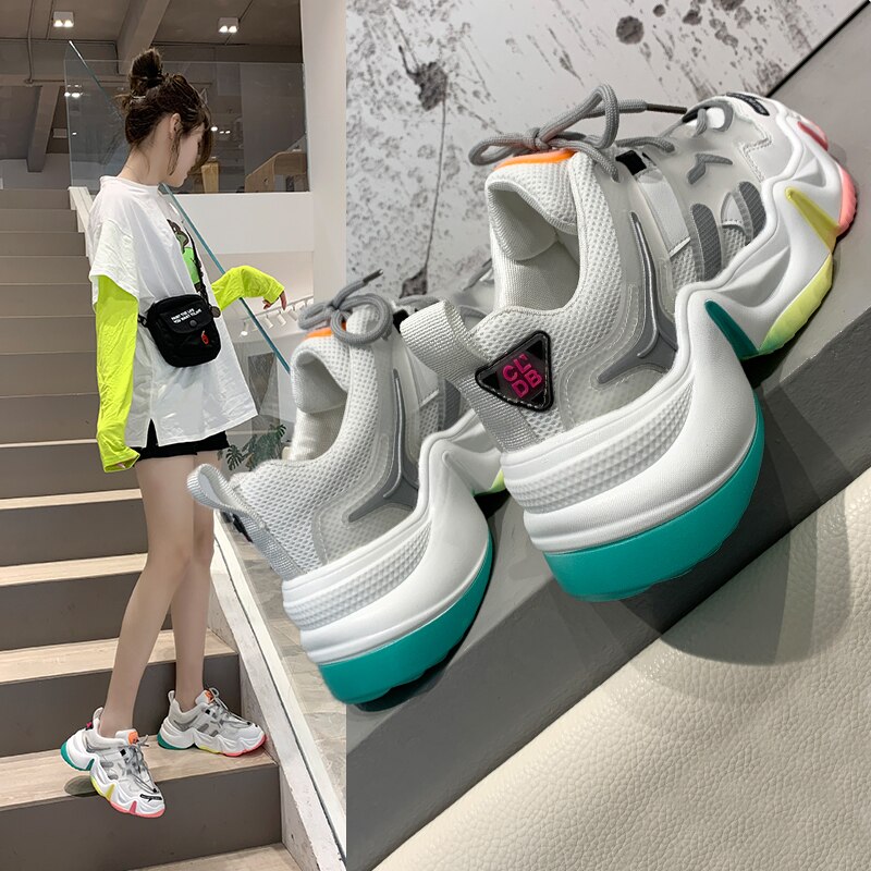 Fujin femmes baskets printemps fond épais respirant couleurs mélangées bout rond plate-forme dentelle loisirs couture femmes baskets