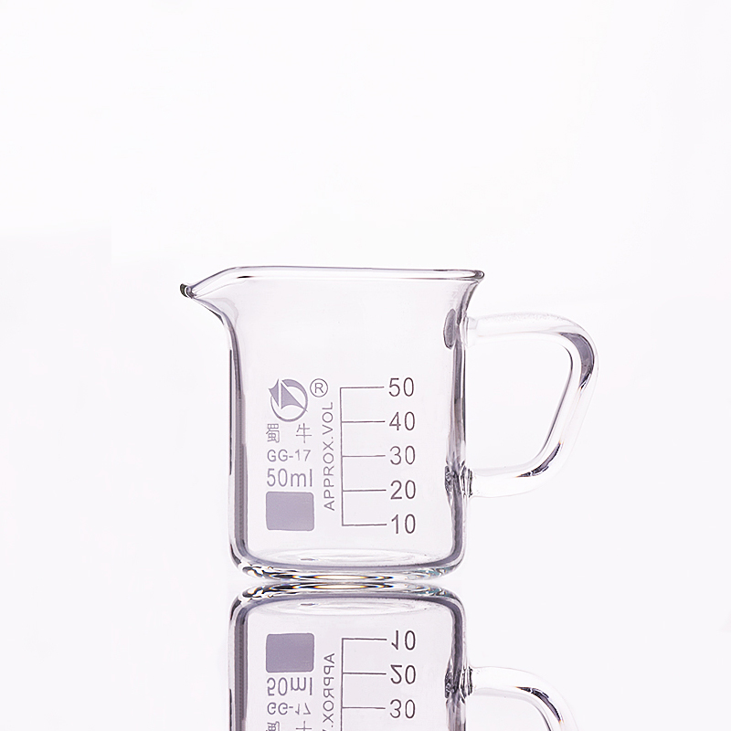 With handle beaker in low form,Capacity 50ml,Outer diameter=47mm,Height=58mm,Laboratory beaker with handle
