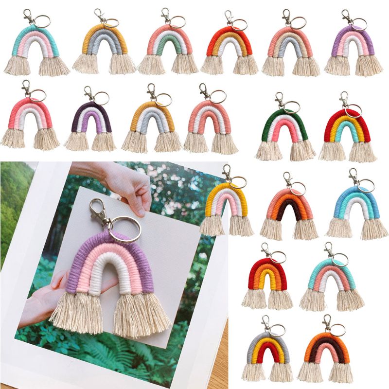 Weben Regenbogen Schlüsselanhänger Boho schlüssel Halfter Schlüsselring Macrame Tasche Charme Auto Hängen 19QB