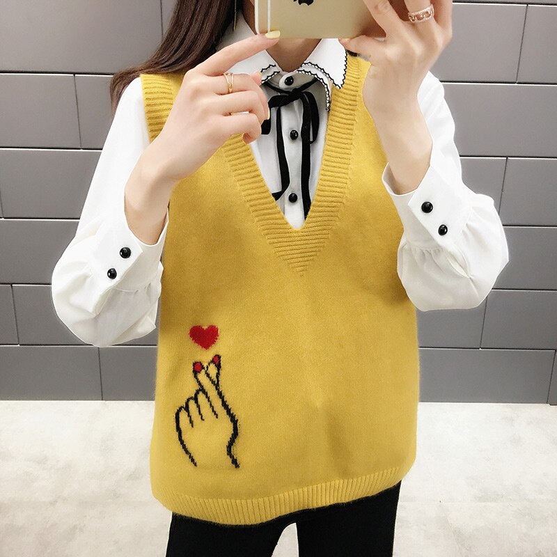 Vesten dames los vrijetijdskleding print eenvoudig all-match trendy studenten dames snoepkleur koreaanse stijl warm v-hals mouwloos gebreid