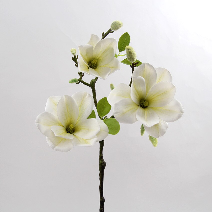 Rama de flor Magnolia abierta de 3 cabezas, flores artificiales para decoración blanca para boda, Decoración de mesa de habitación, flores artificiales: green