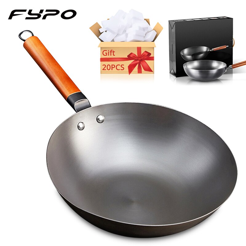 Fypo – Wok en fer chinois antiadhésif de , casserole en fer traditionnelle faite à la main, poêle à Induction et à gaz avec boîte
