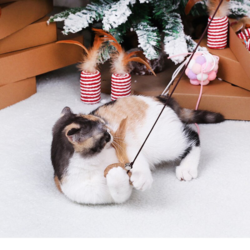 Træ kæledyr legetøj kat teaser stang interaktiv sjov kat stang linned strikket udskiftning hoved kat tilbehør kæledyrsforsyninger