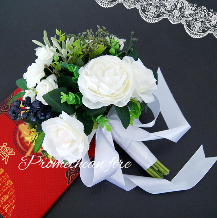 AYiCuthia Romantic Wedding Bouquet With Ribbon Artificial Blue Flowers Bridal Accessories Flowers S38