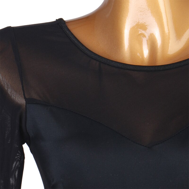 Body negro para baile latino, Tops de manga larga, traje de baile de salón con espalda de malla Sexy, ropa de práctica Social femenina