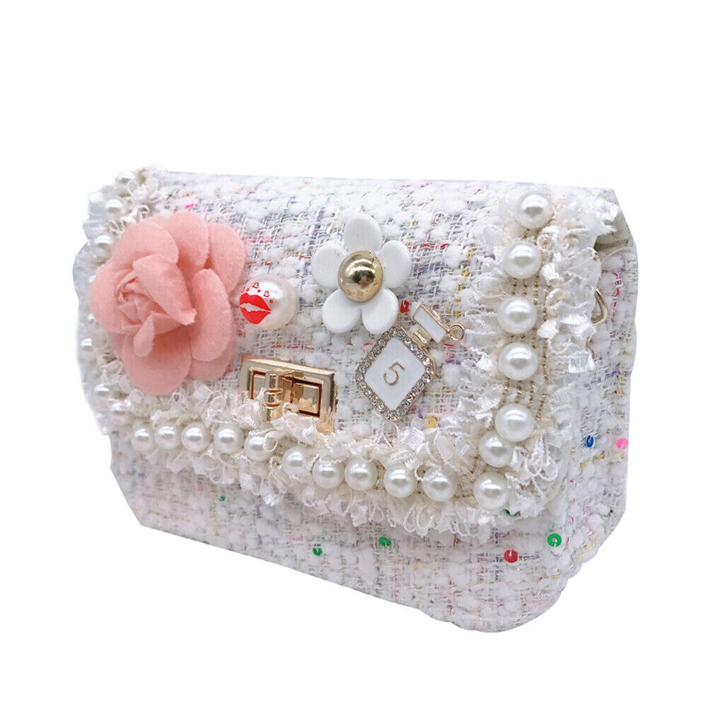 neueste Heiße Kinder Kinder Baby Mädchen Perle Blume Decor Handtasche Schulter Messenger Tasche Kreuz Körper Runde Tasche Mädchen: style2 white