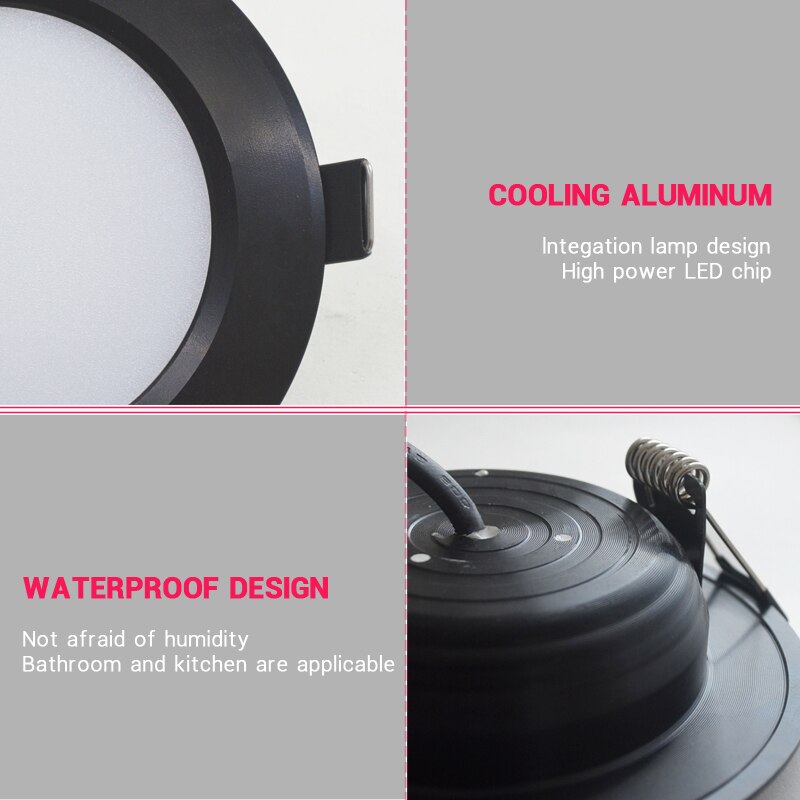 Luz empotrable LED 12V impermeable IP65 7W 9W 12W 15W 3W 5W lámpara de punto de luz de techo negra para baño iluminación exterior e interior
