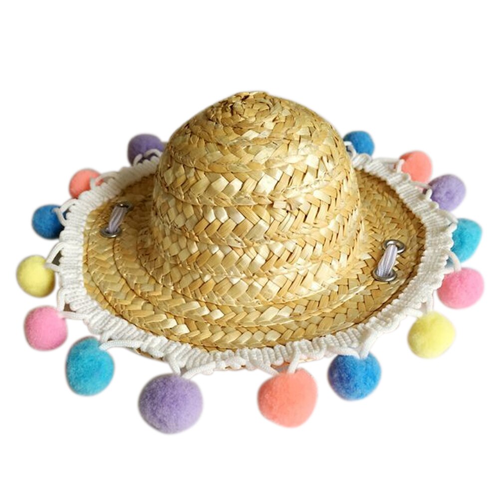 Behogar śmieszne słodkie zwierzęta domowe są słomy tkane kapelusz przeciwsłoneczny z kolorowe kulki dla małych psów kot kotek szczeniak festiwal urodziny impreza dostaw: D