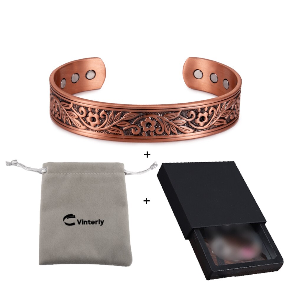 Vinterly magnetisk kobber armbånd menn bred helse energi magnet helse armbånd blomst justerbar mansjett kobber armbånd for kvinner: Sekkekasse
