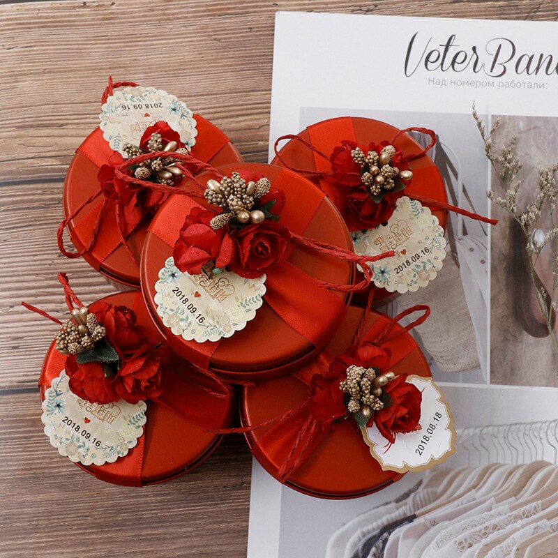 Golden Red Empty Tin Box Metal Tin Jars Wedding Candy Storage Boxes With Ribbon Flower Wedding Party Supplies