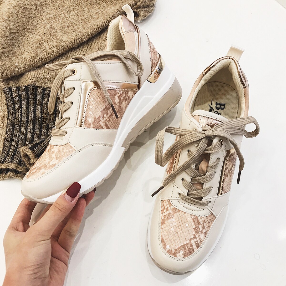 Kvinder leopard sneakers vinter efterår platform kiler dame sko slange mønster afslappet stil