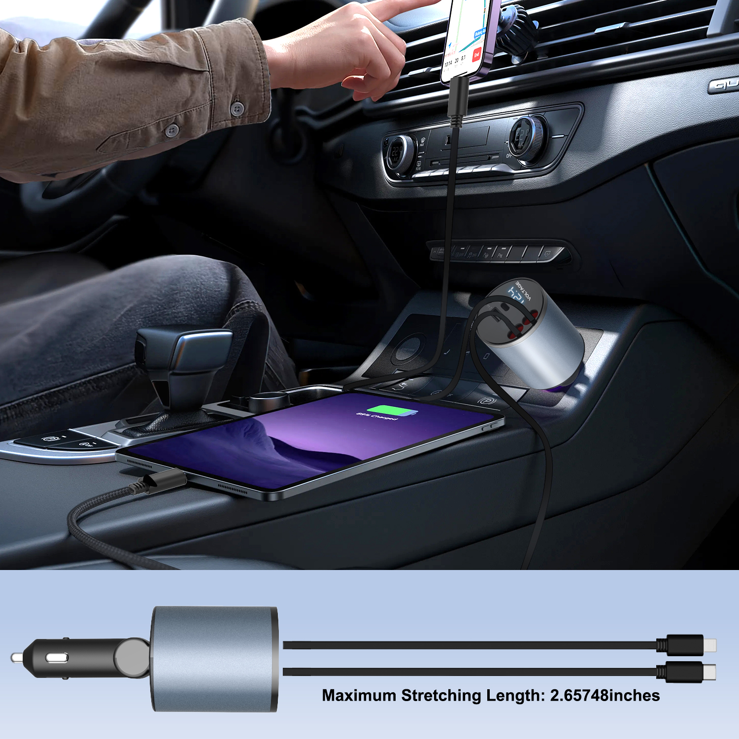 2024 Intrekbare autolader 4in1 Snelle autotelefoonoplader 100 W Intrekbare kabels 2 USB-poorten Autolader voor alle smartphones
