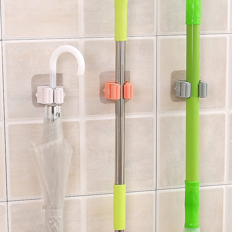 2pcs Kitchen Mop Rack Bathroom Organizer Wall Mounted Shelf Hook Broom Holder Hanger Behind Doors/On Walls Kitchen Storage Tool