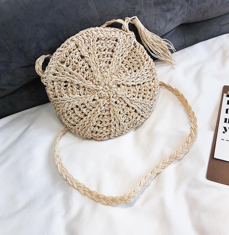 Women Straw Knitted Bag Wallet Round Beach Rattan Crossbody Bag Tote Messenger Purse: Default Title