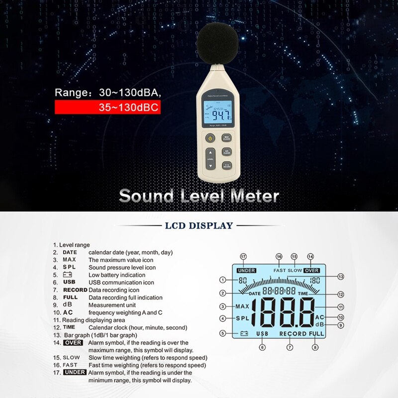 Decibel Meter Digital LCD Sound Level Meter 30-130DB(A/C) Range Portable Noise Tester DB Meter Decibel Measurement