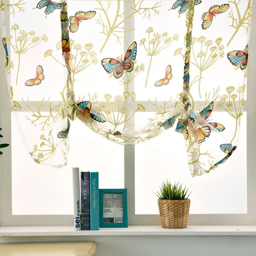 Living Room Roman Curtain Semi-shading Bedroom Short Window Kitchen Floral Pattern Tulle Butterfly Office Voile Embroidered