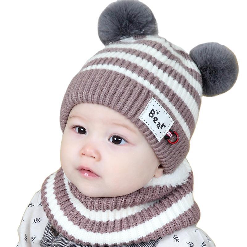Conjunto de gorro y bufanda para niño y niña, gorro cálido para bebé, gorro tejido a rayas con oso, bufanda, accesorios de invierno, gorrito, Color caramelo