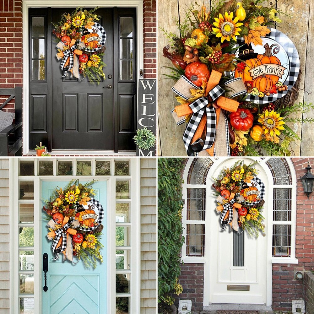 Fall Wreath Autume Theme For Front Door Farmhouse Wreaths Pumpkin And Sunflower Bowknot Garland Thanksgiving Day Decoratioon