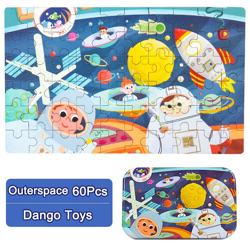 60 houten puzzels, cognitief educatief speelgoed voor kinderen met opbergruimte, blikken doos, kinderen, bezig met bord, houten speelgoed, kerstspelletjes: De ruimte