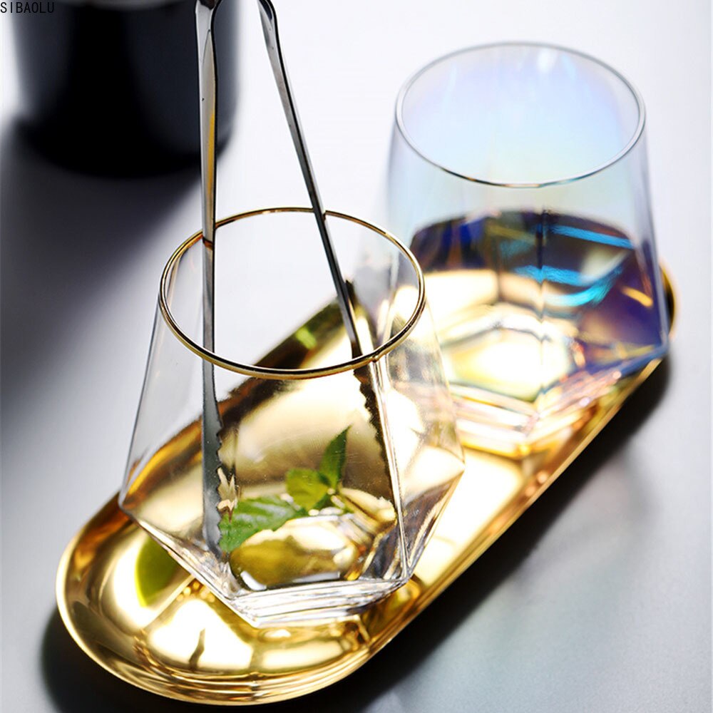 Geometri whiskyglas diamant krystalglas kop gylden kant gennemsigtig kaffe mælk te krus hjem bar drinkware par