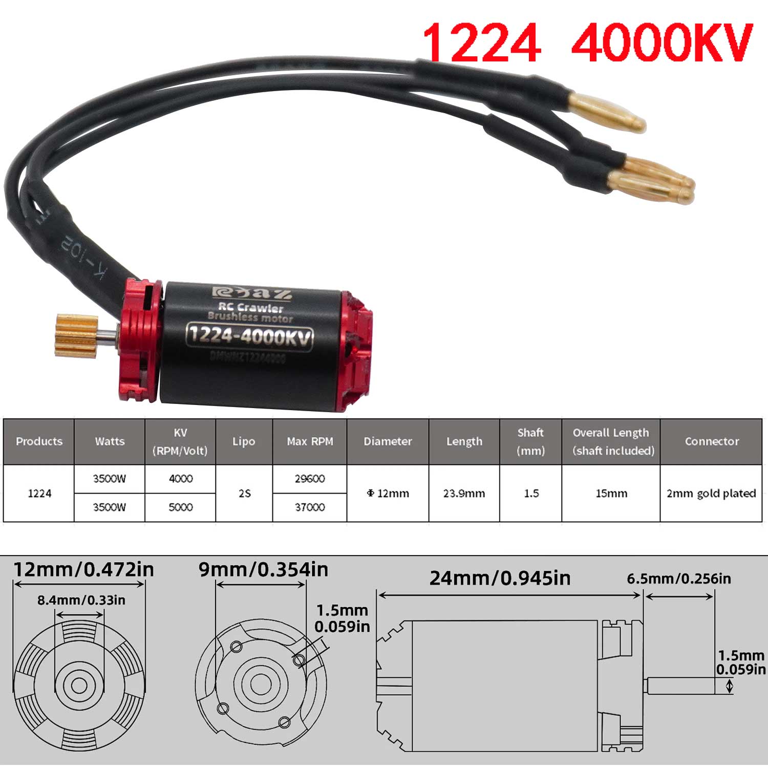 RC Motor 1224 Mini RC Crawler 4000KV 5000KV Brushless Motor 1.5mm Shaft for 124 128 132 RC Micro Car Kyosho Tamiya Traxxas: WHITE
