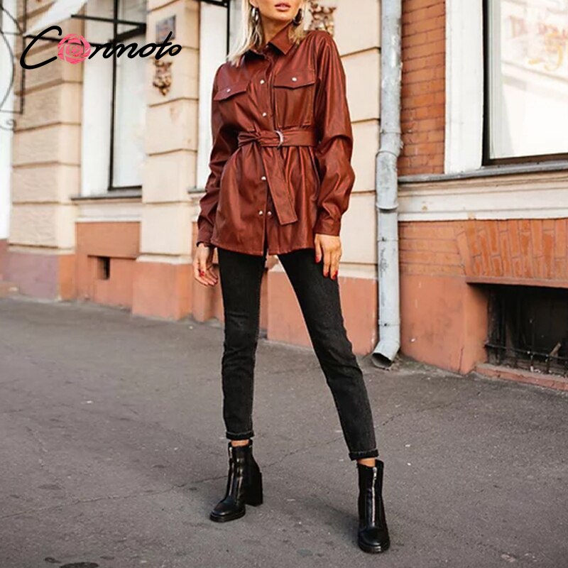 Conmoto Jahrgang PU leder bluse frauen mit gürtel Kausalen Turndown kragen Spitzen Herbst Winter schick tasche Shirt Dame