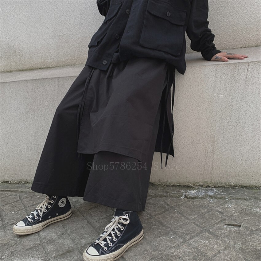 Japansk samurai kostume sommer mænd bukser bomuld uregelmæssig bandage ben bukser sort streetwear harajuku kimono: Default Title