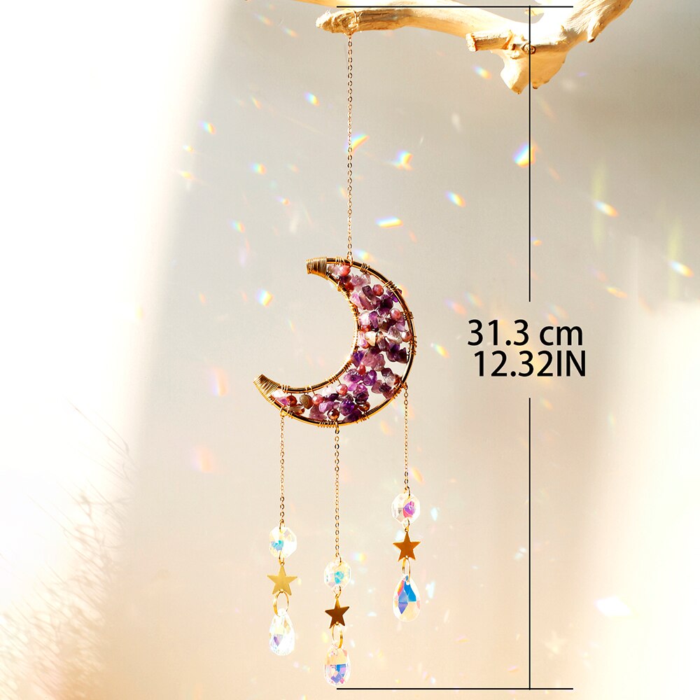Atrapamoscas de Metal para decoración de pared, Prisma de bola de cristal, Luna, artesanía de arcoíris para ventana de coche, cristales colgantes para jardín