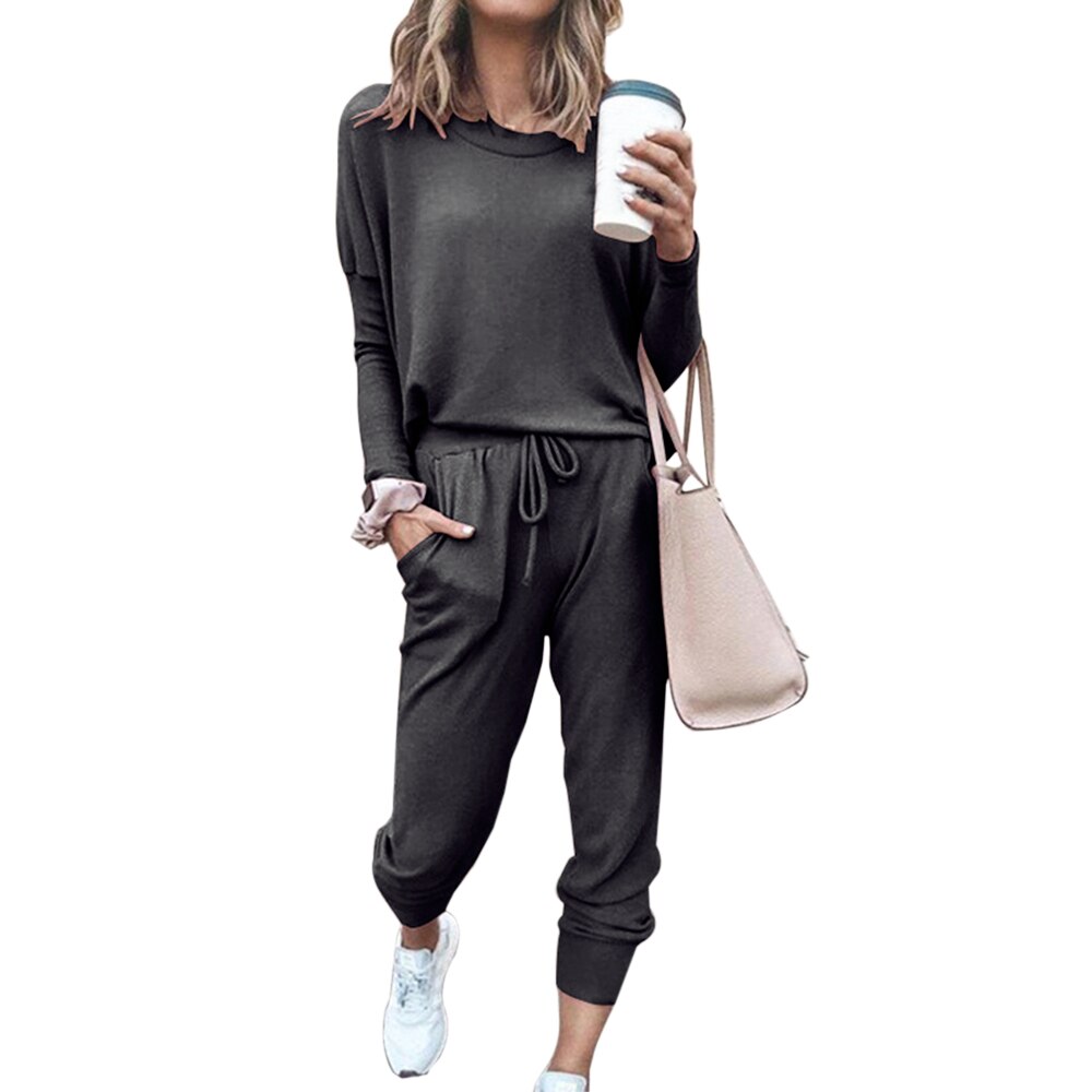 Chándal rosa para mujer, conjunto de 2 Uds., jerséis de cuello redondo, sudadera, pantalones de chándal, traje de manga larga liso, ropa deportiva informal,