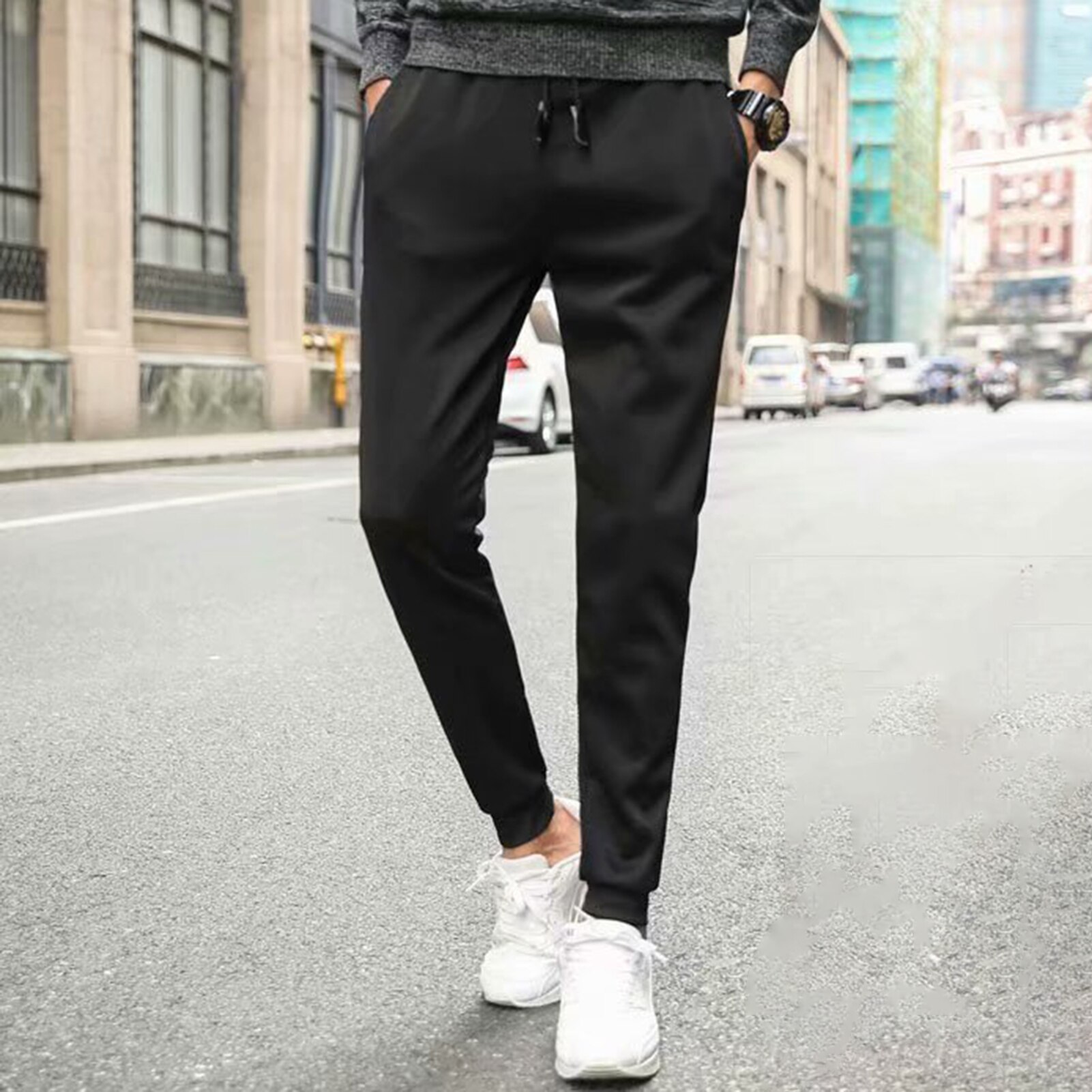 Men Plain Slim-Fit Casual Sports Sweatpants Fall Winter Thick Casual Harlan Pants Elastic Waist Lace-up Sports Trousers
