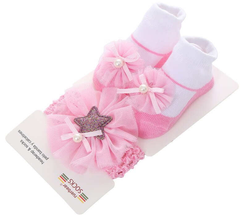 Belle bébé filles paillettes étoile gaze fleur décoré anti-dérapant coton cheville chaussettes avec élastique bandeau ensemble: D