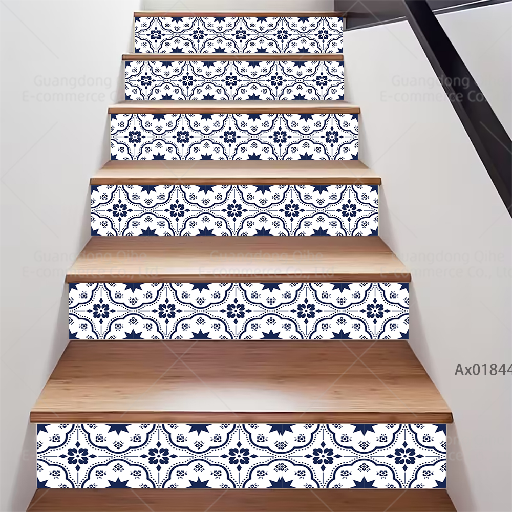 Minimalistische blauwe bloemen trapsticker, zelfklevende trapbekleding, duurzame decoratie voor binnentrappen, plintstickers, muurschilderingstickers.