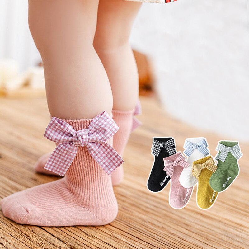 Zoete Plaid Bows Baby Sokken Lente Katoen Prinses Baby Meisjes Korte Sokken Baby Peuter Anti-Slip Vloer Sokken Sokken