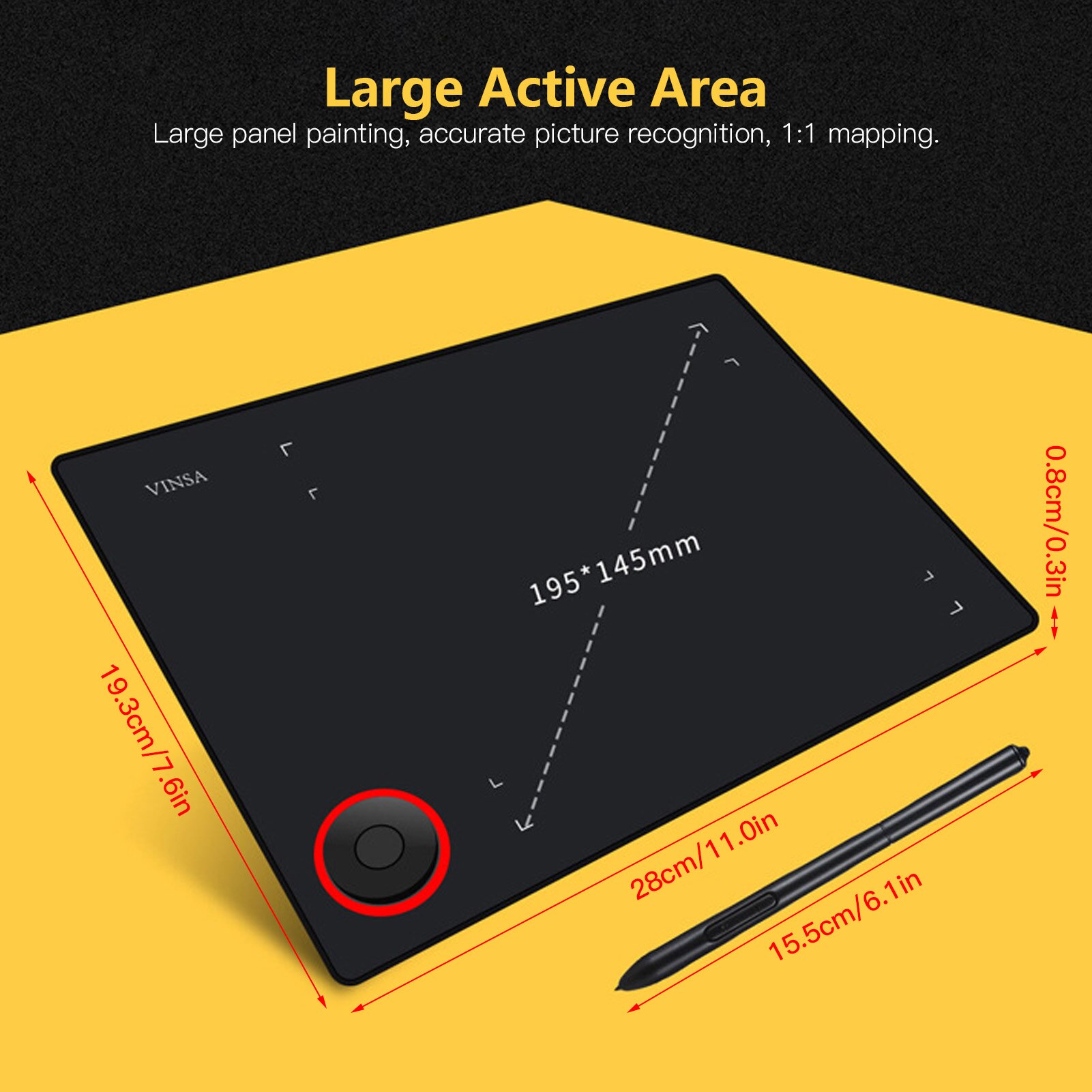 Graphics Drawing Tablet Writing Board Controller Knob 8192 Levels Battery-Free Stylus Support PC/Laptop/Smartphone
