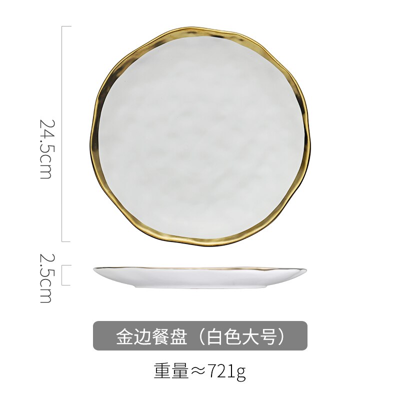 Ceramic Dinner Plate Gold Inlay Snack Dishes Luxury Gold Edges Plate Dinnerware Kitchen Plate Black White Tray Set wy121304: white-L