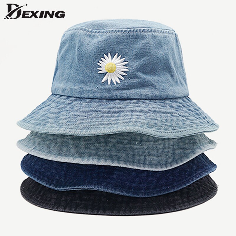 Ins koreansk daisy broderi spand hat kvinder mænd panama sommer solhat blomst bob vasket denim fisker hat