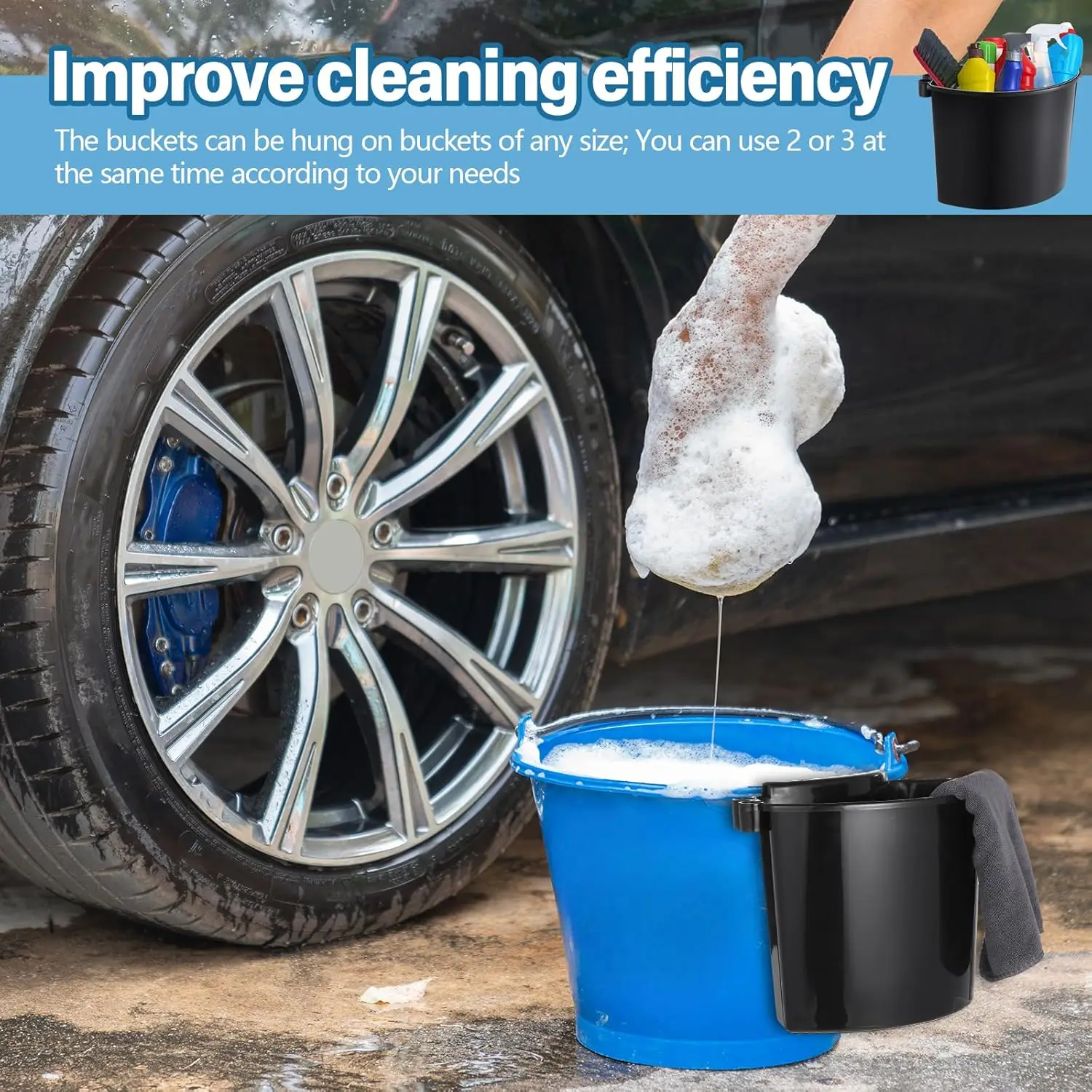 4 stk. bilpleiebøtte, bærbar bilvaskebøtte, multifunksjonell nal, hengende organizer for tilbehør, piknikverktøy, svart