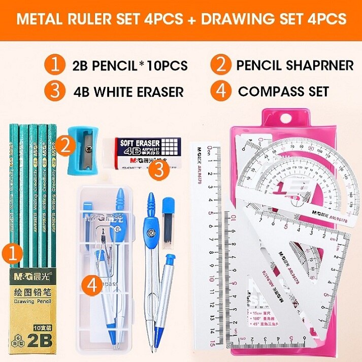 M&G Aluminium Metal Geometry Ruler Set Maths pencil stationery triangular Rulers Protractor Students for School Office Supplies: Set 3 Pink