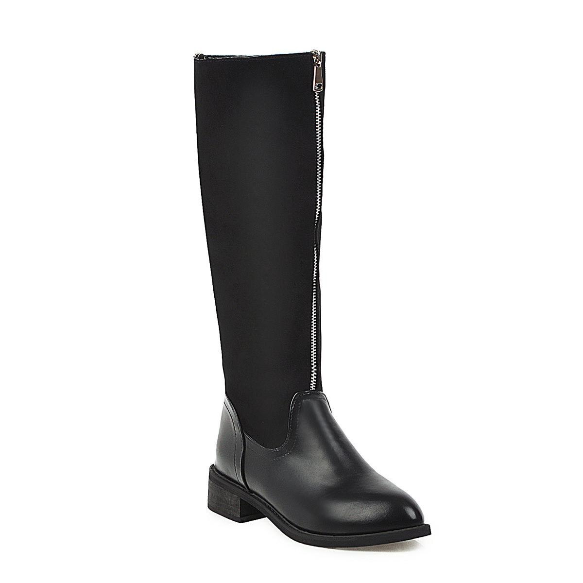 Oberschenkel hohe Stiefel braun Frauen Jahrgang leder Platz Ferse Reißverschluss knie höer Stiefel Halten Warme Runde Kappe Schuhe Britischen Stil calzad: Schwarz / 36