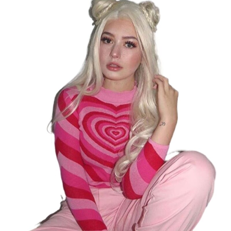 Y2K-suéter de manga larga para mujer, suéter de cuello alto a rayas con corazón, color rosa, estilo Harajuku, años 90