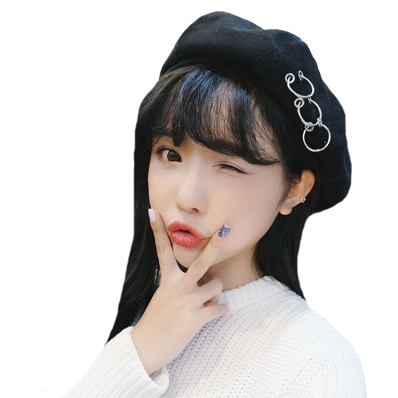 Boina, boina de artista francés, gorros de invierno con anillo, gorro de lana para mujer, gorro de esquí, gorros sólidos, sombreros de niña cálidos y dulces: M204 Circle Black