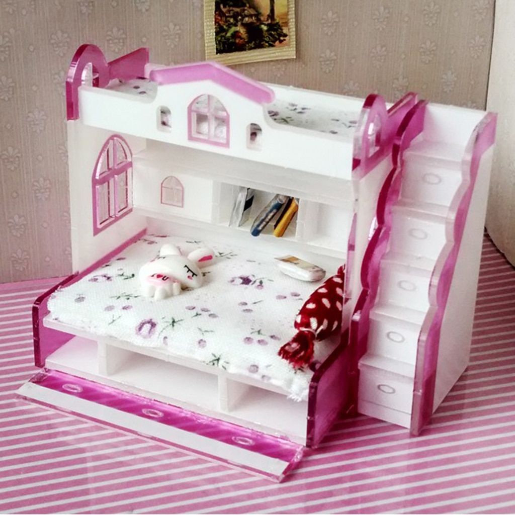 1/12 Dollhouse Miniature Children Bedroom Furniture Bunk Bed Double Bunk With Accessories Purple Color For Little Girls