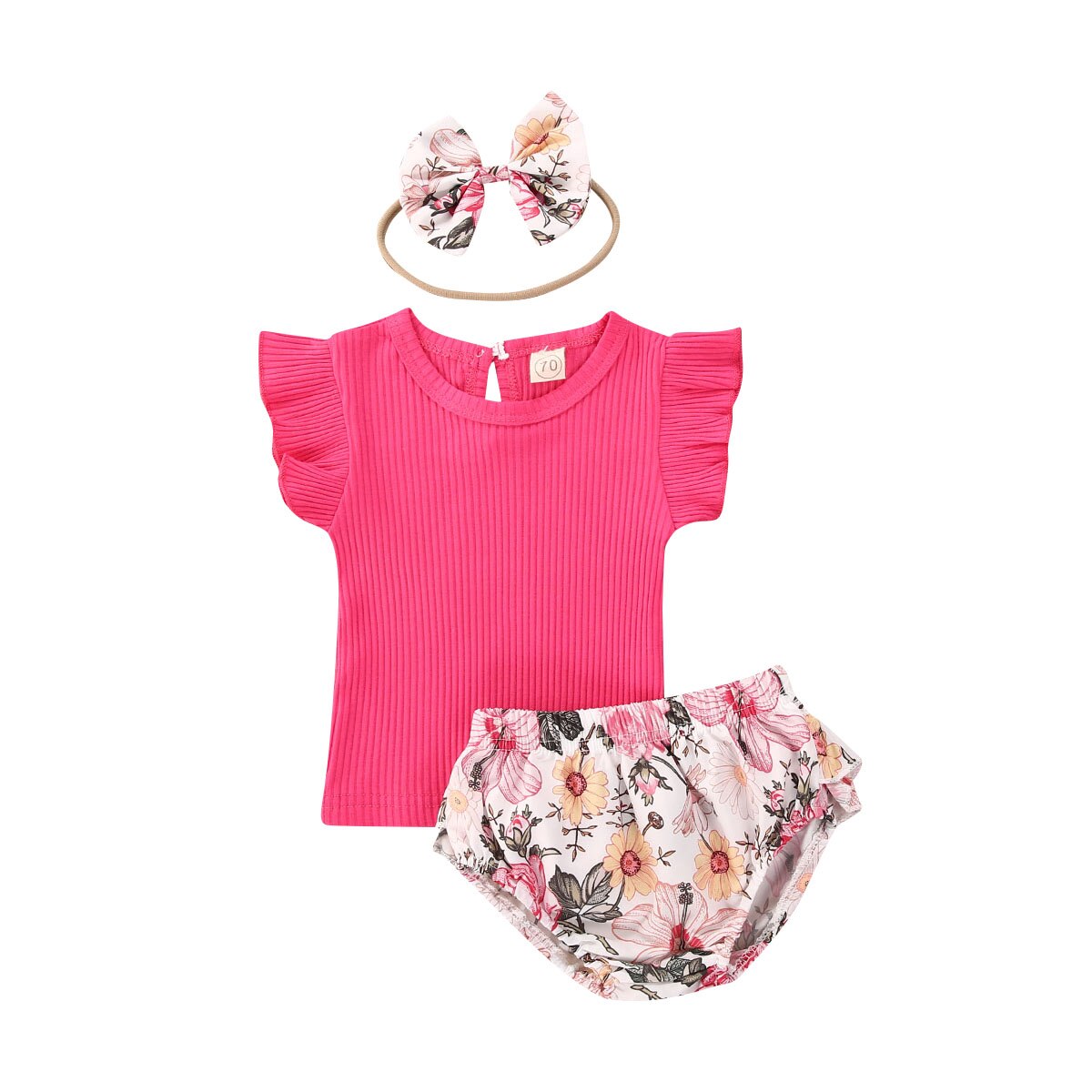 Enfant en bas âge bébé filles vêtements col rond coton à manches courtes T-shirt imprimé fleuri pantalon bandeau 3 pièces ensemble de tenue été: Rose Red / 12M