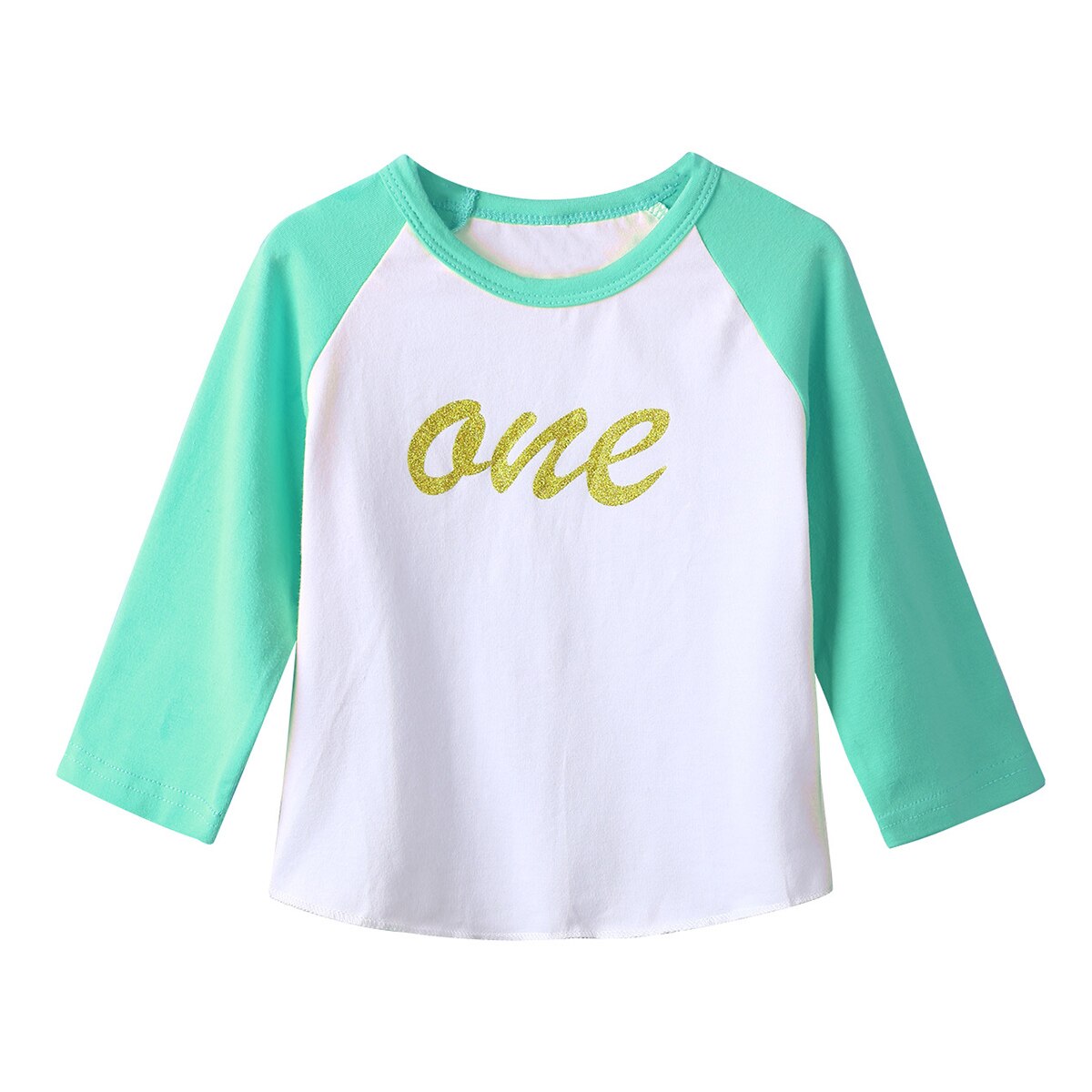 Ropa Infantil para bebés, camiseta a la para niñas, mangas raglán de cumpleaños, estampado de letra brillante, Tops de camisa de bloque de Color suave de algodón: Green / 6-12M