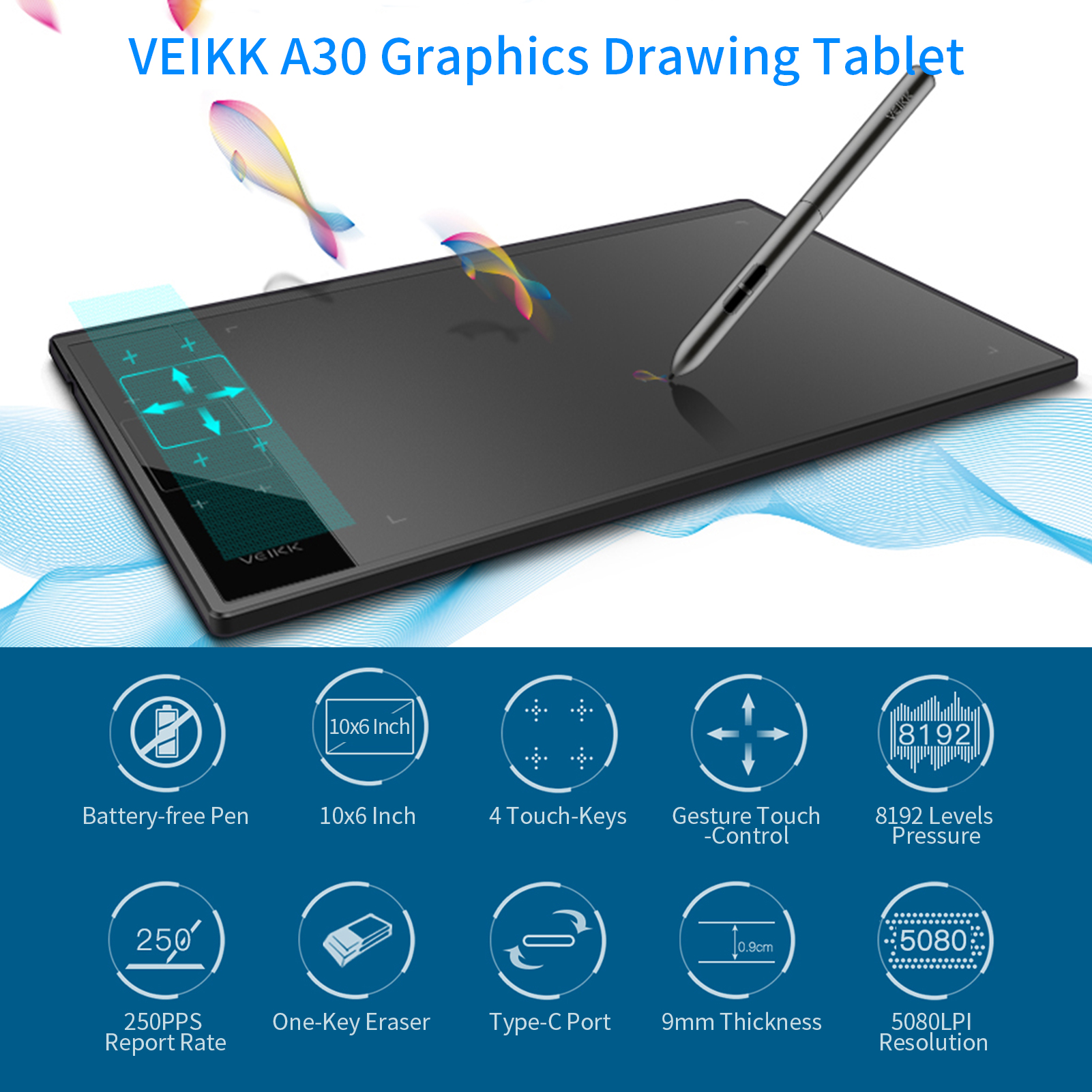 VEIKK A30 Graphics Drawing Tablet Smart Gesture 8192 Levels Pressure Art Graphics Tablet for Painting Online Teaching