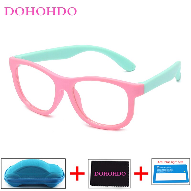 Blauw Licht Bril Kinderen Blokkeren Computer Brillen Kids Meisjes Transparante Zachte Siliconen Frame UV400 Okulary Met Case: pink green-B