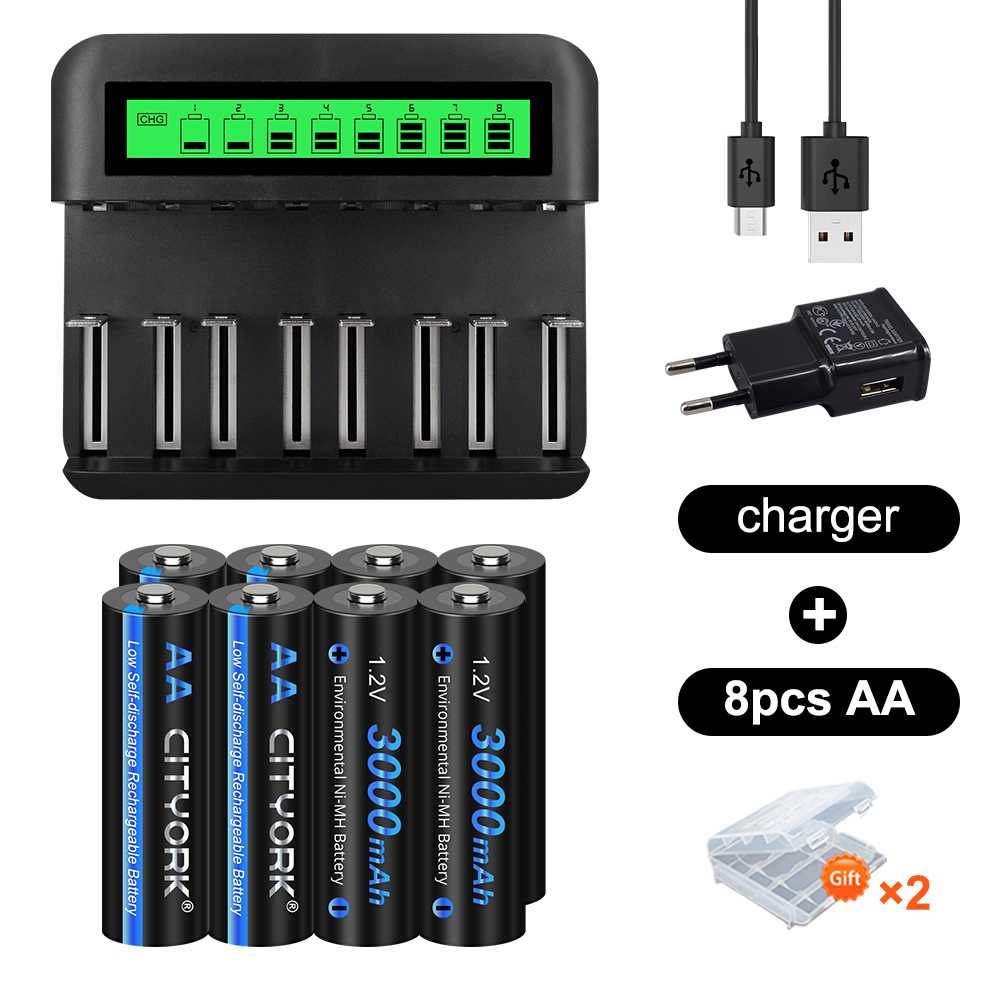 CITYORK AA 1,2 V 3000 mAh nimh oplaadbare batterij aa-batterijen + batterijlader voor 1,2 V AA/AAA C/D oplaadbare batterij: Goud