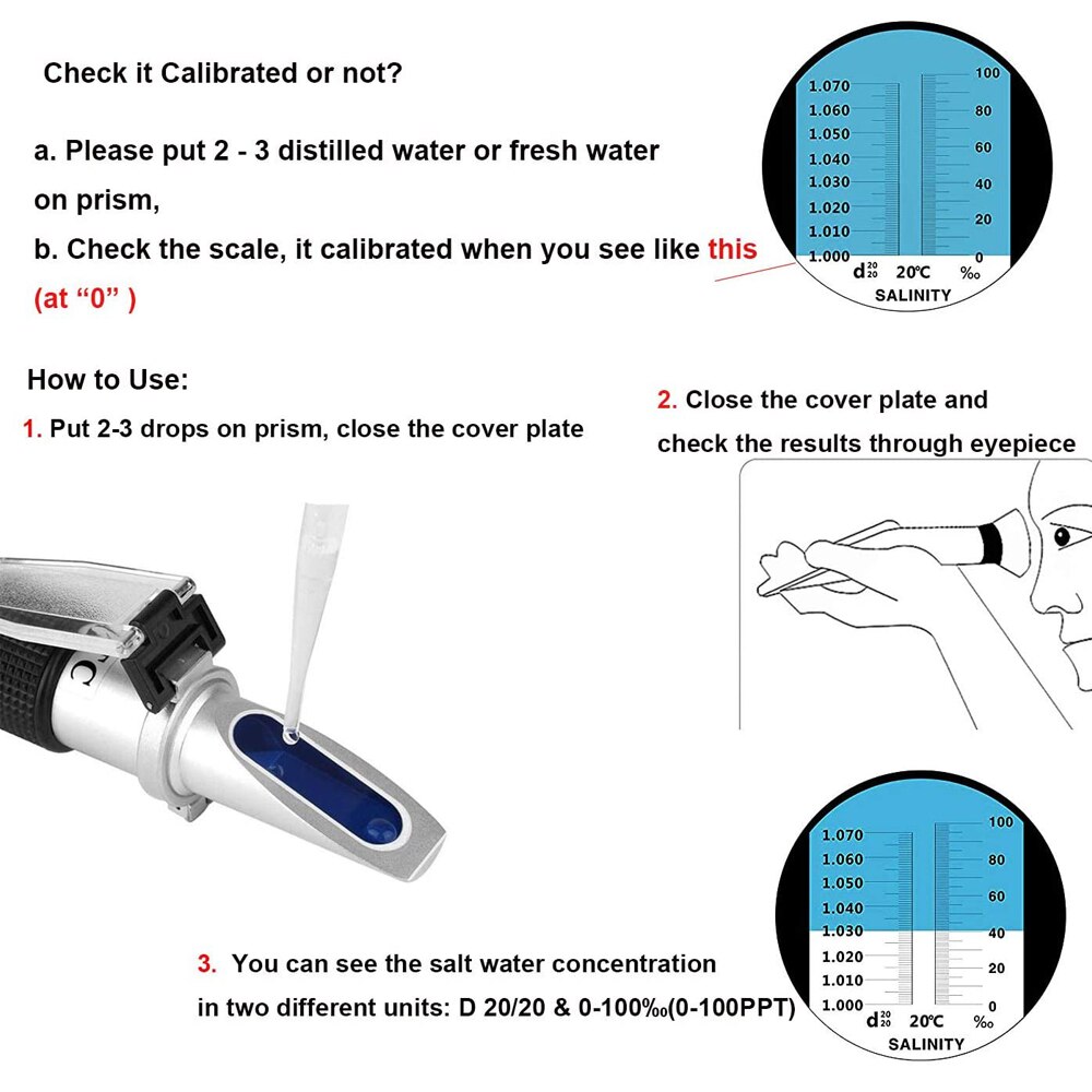 0-100% Salinity Refractometer Portable Sea Water Salt Concentration Tester Meter With ATC Dual Scale Saltwater Meter Tester
