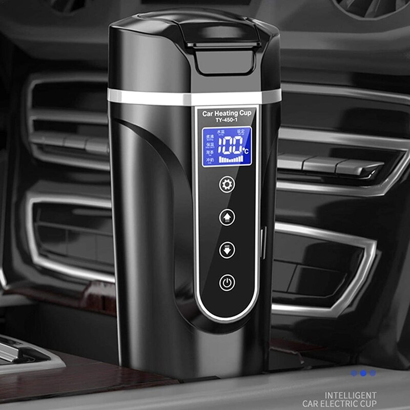 450Ml Stainless Steel Car Electric Heating Mug with Lid, 12/24V Smart Car Home Heating Cup with LCD Display